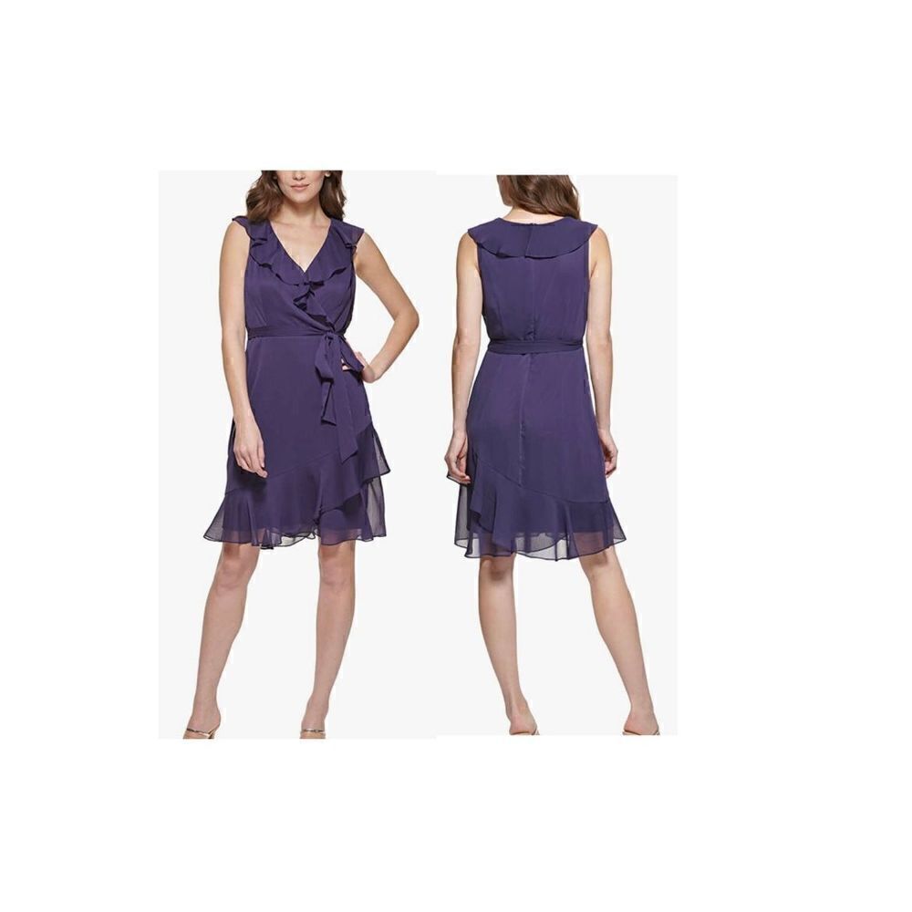 DKNYโWomen'sโSleevelessโRuffleโFauxโWrapโDress